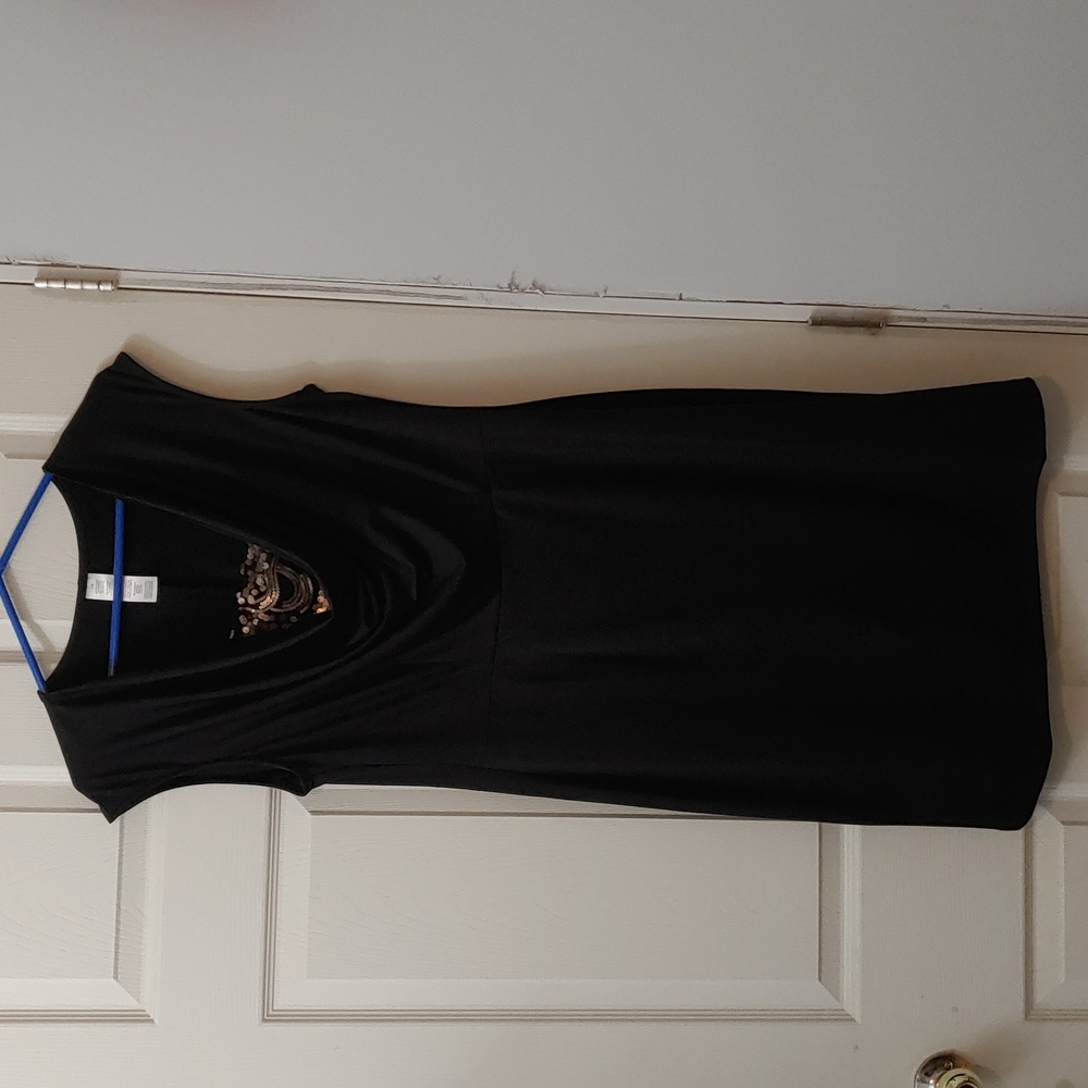 Black dress, cowl neck, decorated inset, size large,